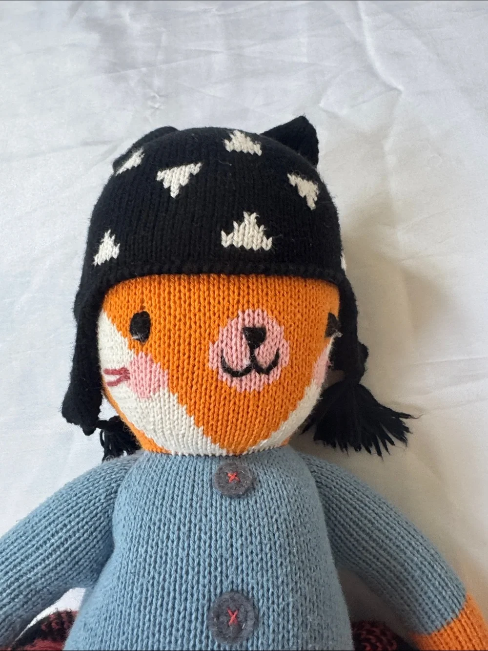 Cuddle +Kind Handmade Orange Fox Knit Doll with Blue Sweater and Black Hat